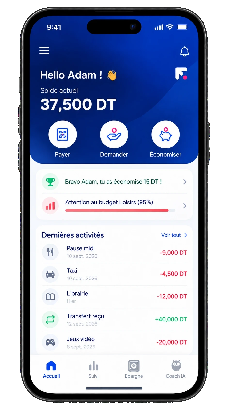 Aperçu de l'application Flexee Pay : solde, paiements, épargne, coach IA et sécurité
